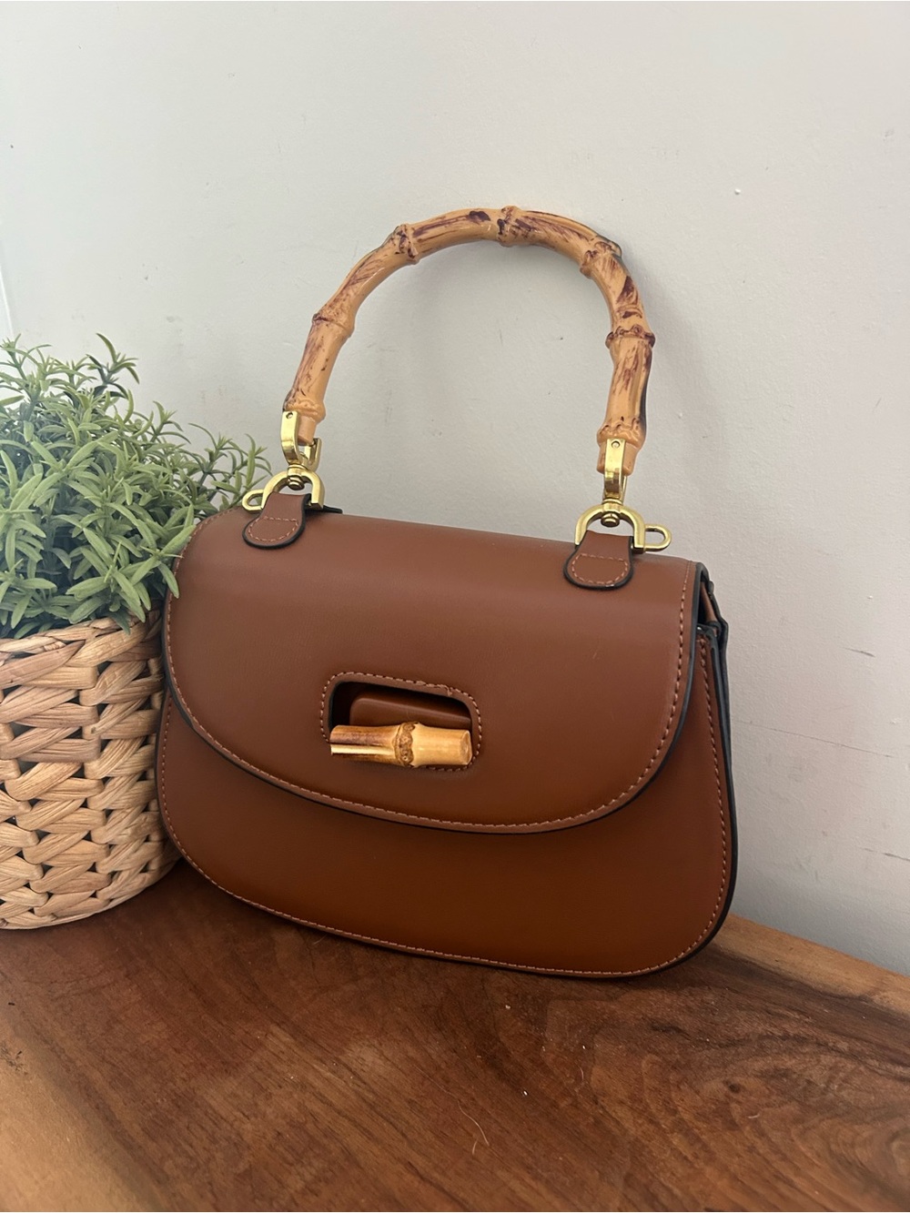 Brown Bamboo Handle Hardcase satchel purse bag crossbody strap